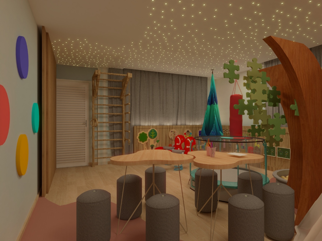 Sala de Estimulação Sensorial — escada sueca e mesas inclusivas