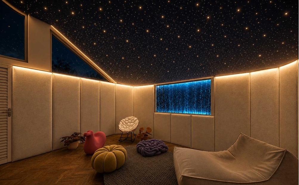 Sala de Regulação Sensorial — teto estrelado e ambiente acolhedor